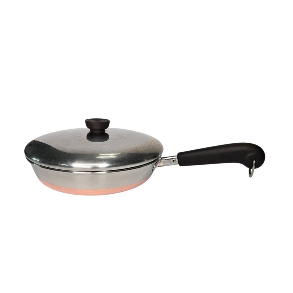70s Revere Ware Copper Clad Stainless Steel 9" Fry Pan Skillet w Lid Clinton Ill